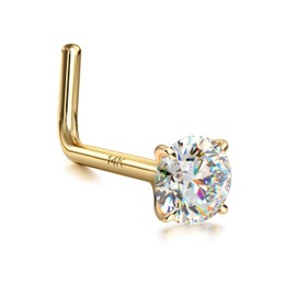 GEMQUEEN 14K Gold Nose Rings Studs : Solid Gold 18G 20G 22G Screw Nose Rings Simulated Diamond CZ Nose Studs Hypoallergenic L Shape Nose Piercings for Women Men 2mm 20G
