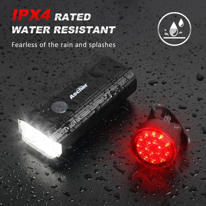 Ascher USB Rechargeable Bike Light Front and Back, Super Bright