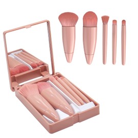CANIPHA Juego de brochas de maquillaje profesionales con espejo, 5 brochas de maquillaje portátiles pequeñas para mujeres, mini kit de brochas de maquillaje, bonita funda para brochas de maquillaje para cara, ojos, cejas y brillo de labios (rosa)