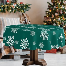 YOSTEV - Mantel de Navidad, 60 copos de nieve redondos verdes con temática navideña, mantel de tela lavable a prueba de derrames para el hogar, cocina, comedor, decoración de fiestas