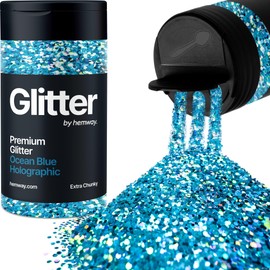 Ocean Blue Holographic Glitter Extra Chunky 115g/4.1oz Metallic Resin Craft Glitter Flake Sequins for Epoxy Tumblers Hair Face Body Eye Glitter Nail Art Festival DIY Party Decorations