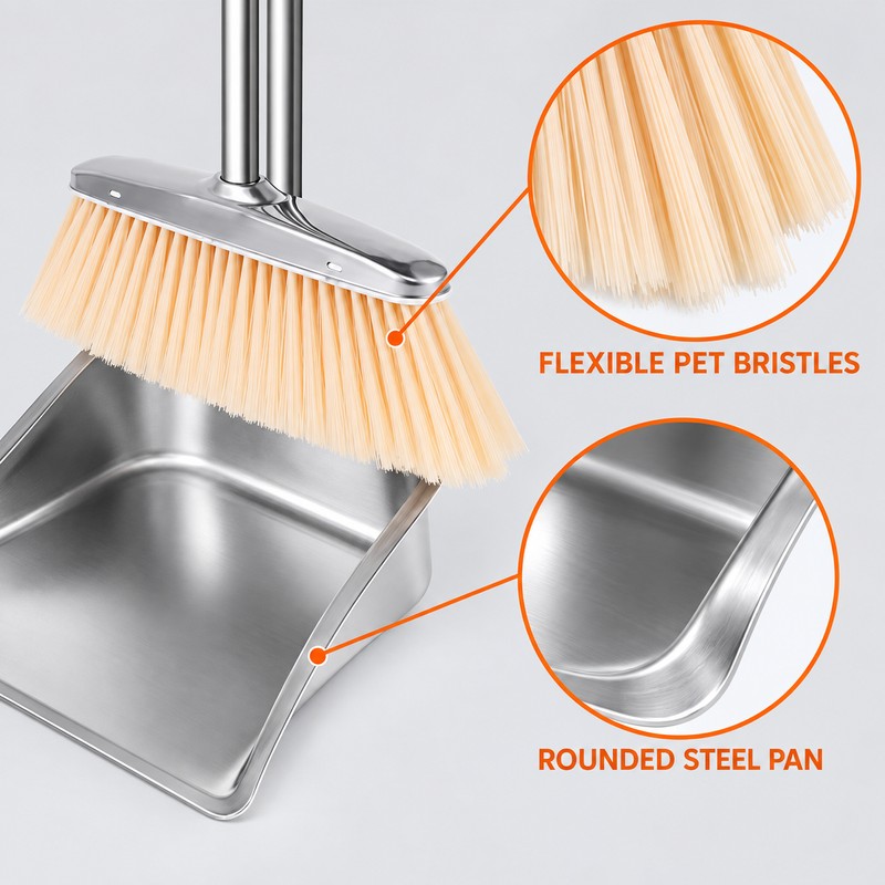 willstar Stainless Steel Broom and Dustpan Set, Long Handle Upright