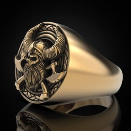 Viking Skull Ring for Men, Viking Warrior Ring, Crossed Axe Skull Head Ring, Vintage Gladiator Helmet Skull Ring, Nordic Warriors Skull Tribal Amulet Ring, Punk Skull Jewelry Jewelry for Men Mens (9, Gold)