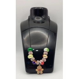 20 in. Black PU Leather, Handmade Colorful Christmas Beaded Necklace w/Charm