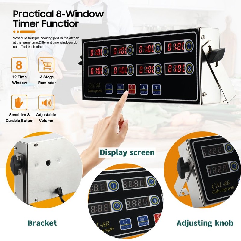 8 Channel Digital Kitchen Timer - Commercial Stainless Steel Calculagraph
