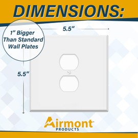 Oversized White Metal Outlet Covers, 2 Gang With Single Duplex Receptacle, 5.5" x 5.5" Jumbo Duplex Wall Plate, Centered Duplex Wall Plate, White Painted Metal, Corrosive Resistant