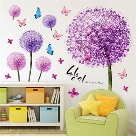 SKTFFR Purple Dandelion Wall Stickers Pink Flower Butterfly Wall Decals DIY Removable Excellent Vinyl Wall Decor for Living Room Daycare Decorations (Size 11.8 x 35.4 inch 2 Sheet)