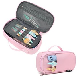 XQXA Large Capacity Pencil Case Multi-Slot Pencil Pouch Durable Pencil Box Portable Makeup Bag with Handle for Office (Pink)