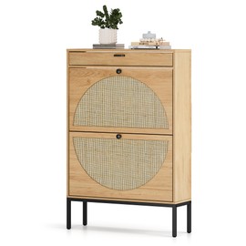 XIAO WEI Shoe Cabinet, Natural Semi Circle Rattan Shoe Storage Organizer Cabinet with 2 Flip Drawers, Freestanding Shoe Rack with Adjustable Shelf for Entryway (Large Size)