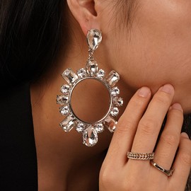 Chargances Dainty Large Glitter Rhinestone Dangle Hoop Earrings Sparkly Simulated Diamond Earrings Circle Crystal Statement Drop Earrings for Women Gift Party Festival