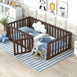 Harper & Bright Designs Twin Size Floor Bed with Rails, Wood Montessori Floor Bed Frame with Fence and Door, for Kids Girls Boys (Walnut)