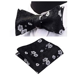 GUSLESON Mens Floral Bowtie Black Silk Self Tie Bow Tie & Pocket Square Set (0564-01)