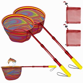DaddyGoFish Red de pesca para niños – Bolsa de pesca telescópica ultraligera para atrapar pececillos, ranas, grillos, mariposas, en el agua, playa, lago, estanque, regalos para niños y niñas - 2 unidades, rojo + rojo