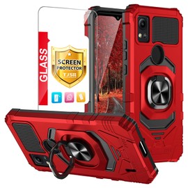 TJS Compatible for Cricket Icon 5, AT&T Motivate 4 Case with Tempered Glass Screen Protector, Metal Ring Magnetic Support Kickstand Heavy Duty Drop Protection Cover (Red)