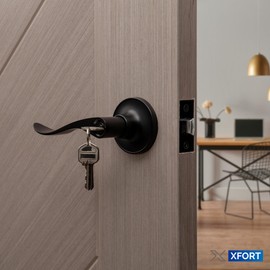 XFORT Cabriole Entrance Knob Set Matt Black, Door Knob with Lock for Internal Wooden Doors, Complete Set with Tubular Latch and 3 Keys