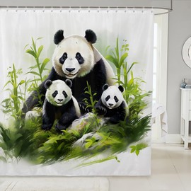 Manfei Panda Bear Kids Shower Curtains,Green Botanical Plants Bathroom Curtains for Boys Girls,Cute Wildlife Animal Rustic Black White Waterproof Curtains,12 Hooks Suits,72" W x 72" L