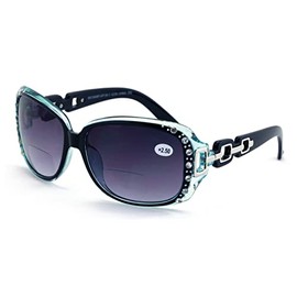 V.W.E. Oversized Rhinestones Women Bifocal Reading Sunglasses Reader Glasses Vintage Outdoor (Blue, 3.00)