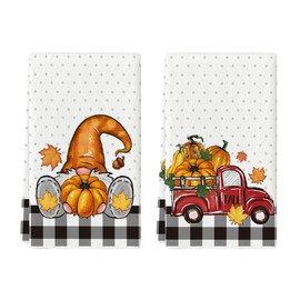 Artoid Mode Buffalo Plaid Pumpkin Gnome Truck Fall Kitchen Towels Dish Towels, 18x26 Inch Seasonal Maple Leaves Decoration Hand Towels Set of 2