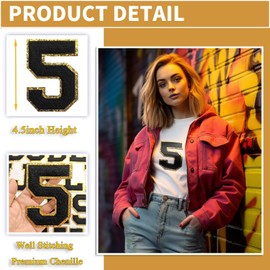 TXSN 3PCS Black Chenille Numbers Patch, Large Size 4-1/2" Iron on Number Patches Varsity Patches for Clothing, 5