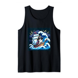 Pixelated Cat Pirate Steers Ship In Rough Seas. Captain Hat Tank Top