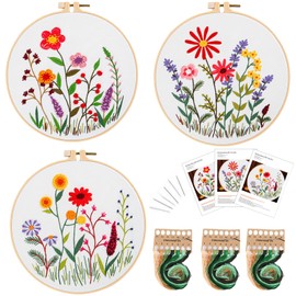 Traziewell Embroidery Kits for Beginners Adults Beginners Embroidery Kit 3 Pack Embroidery Cloths with Floral Patterns Colored Thread Instructions Needles and Hoops Cross Stitch Kit 1720