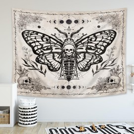 Homewelle Large Skull Moth Tapestry Gothic Vintage Butterfly Skeleton Floral Wall Art 91Wx71H Inch Moon Phase Witchy Crescent Mystic Black Beige Wall Hanging Bedroom Living Room Dorm Decor Fabric