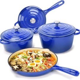 Elf Grill Enameled Cast Iron Cookware Set - 7 Piece Set of Dutch Ovens, Sauce Pan, Skillet, 3 Lids, Dutch Oven Set, Ceramic Nonstick Coated, Heavy Duty, Gas/Induction Compatible, PFA Free, Biscay Blue - size: Blue