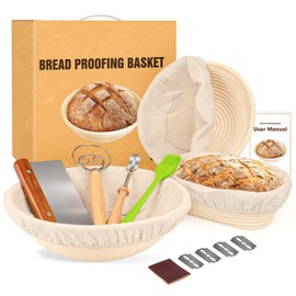 Sourdough Bread Baking Supplies - Sourdough Starter Kit with 12" Round & 10" Round & 8" Oval Banneton Bread Proofing Basket, Linen Liners, Dough Whisk, Brush, Dough Scraper Kits