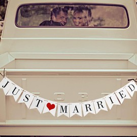 Vintage Just Married Banner Wedding Bunting Photo Booth Props Signs Garland Bridal Shower Decoration (White)