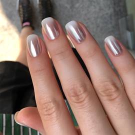 Vopintpy Silver White Gradient Press on Nails Short Square Mirror Fake Nails Artificial Acrylic Glue on Nails Reusable Full Cover Stick on Nails for Women DIY Charm Manicure