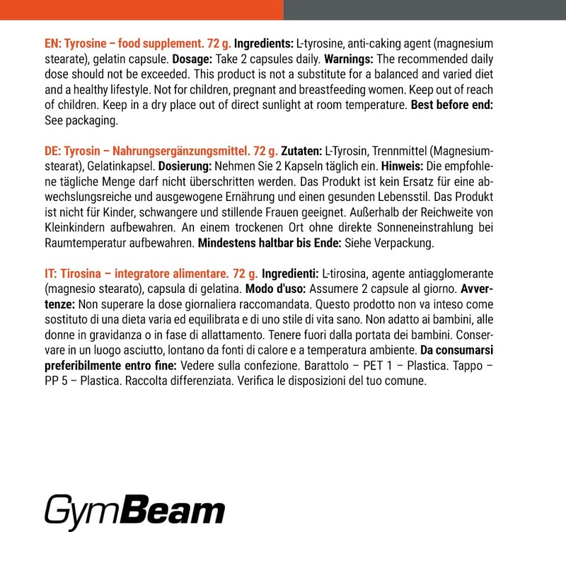 GymBeam L-Tyrosine (1000 mg) - Non-Essenzelle Amino Acid, Practical Capsules,