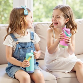 Fijinhom Kids Water Bottle, 360ml/12oz, Stainless Steel Insulated Water Bottle with Straw, Vacuum Leakproof, Kids Water Bottles for School Boys Girls,BPA Free,Blue + Pink 2 Piece Set