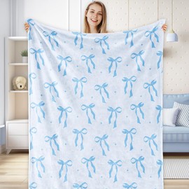 JarThenaAMCS Blue Bow Fuzzy Blanket Blue and White Bowknot Throw Blanket Cute Cozy Flannel Blanket for Home Bed Sofa Couch Chair, 50 x 60 Inch