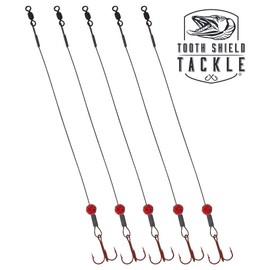 Tooth Shield Tackle Disco Bomb Ice Fishing Tip Up Leader Rig (90 lb) Ice Fishing Sucker Walleye Pike Musky Predator Rig (5 Pack) (Camo/Blood Red Disco Bomb) (VMC # 6)