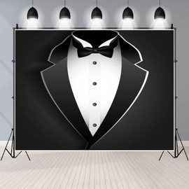 EMTOBT 8x8FT Gentleman Backdrop Black Tuxedo Backdrop Tuxedo Background for Men Black and White Bow Tie Suit Luxury Birthday Dinner Photography Boy Adult Banner Photo Booth Photo Wall Decor BJZYEM258