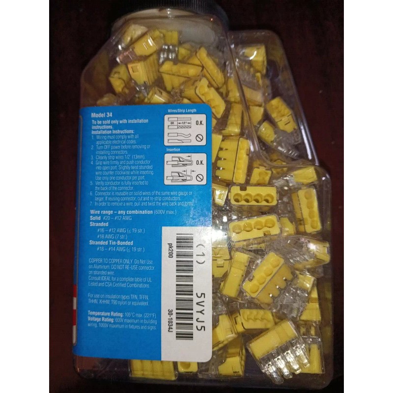 Ideal 200 Ideal In-Sure Push-In Wire Connectors 4 PORT #12-20