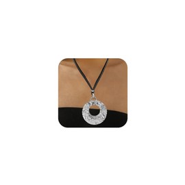 Douxsu Black Leather Rope Silver Circle Necklace for Women (Silver)