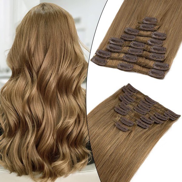 Clip-in real hair extensions, 8 pieces, 18 clips, 100% human hair, full head, straight, 8 inches (20 cm), 45 g, #6 light brown