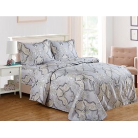 Violet Linen French Monogram Medallion Damask Pattern, Luxury Ultra Soft, Breathable 200 Thread-Count Cotton Percale, Gray-Taupe, Twin 39-inch, 6 Piece Duvet Set, Bedding Duvet Cover Set for Two Beds