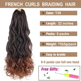 COOKOO 9 Pack Pre Stretched French Curls Braiding Hair 22 Inch 75g/Pack Ombre Brown Goddess Crochet Hair Loose Wavy Crochet Braids Hair with Curly Ends Wavy Synthetic Braiding Hair Extensions T30#