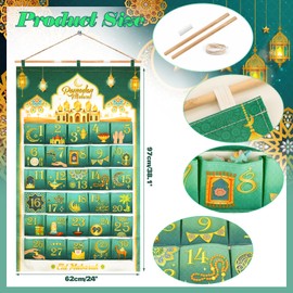 DPKOW 30 Ramadan Calendar with Pockets, Reusable Fabric Ramadan Advent Calendar Empty to Fill Hanging for Wall Home Ramadan Decoration, Ramadan Countdown Calendar for Gifts, Green Gold