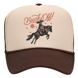 Buck Off! Trucker Hat | Vintage Cowboy Cowgirl Western Funny | Premium Mesh Foam Snapback Hat for Men & Women (US, Alpha, One Size, Brown/Tan)