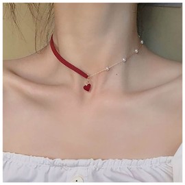 Andelaisi Boho Red Velvet Choker Necklace Vintage Pearl Heart Pendant Necklace Red Heart Necklace Love Heart Pearl Stitching Necklace Jewelry for Women