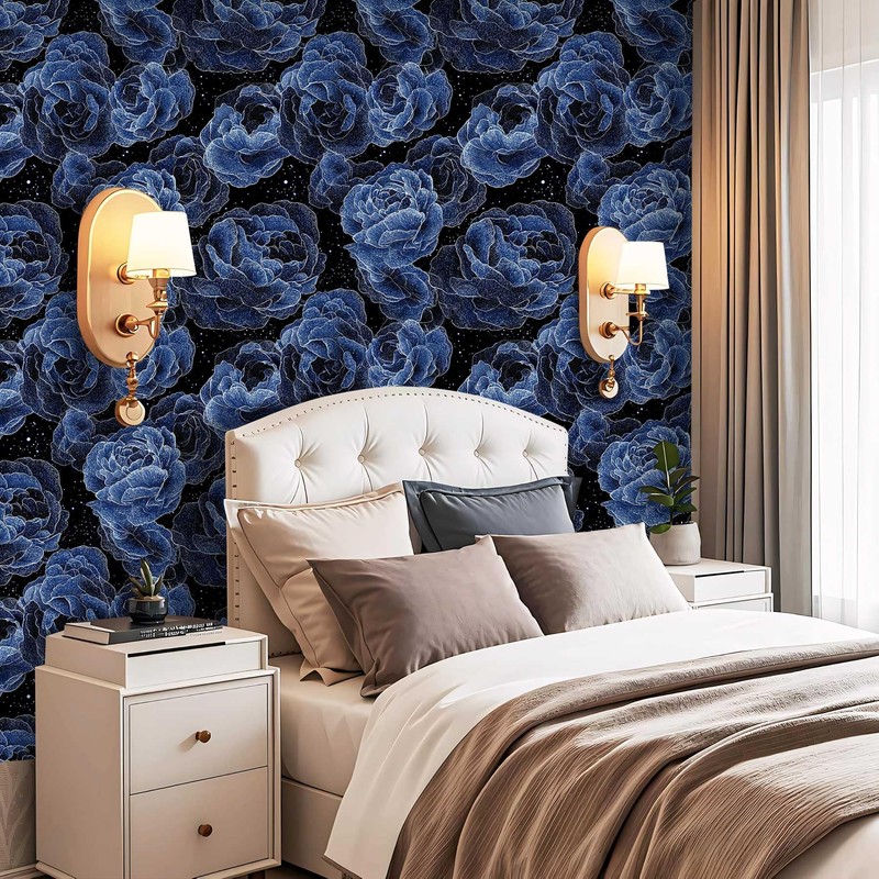 LaiTique Blue Floral Peel and Stick Wallpaper, Black Galaxy Wallpaper,