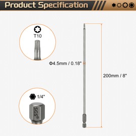 sourcing map 3pcs T10 Torx Head Screwdriver Bit 1/4" Hex Shank 8" (200mm) Long Magnetic No Hole Tip Tamper Proof 6 Point Star Screw Driver Drill Bits S2 Steel Industrial Power Screwdrivers