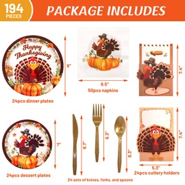 194Pcs Thanksgiving Paper Plates and Napkins Cutlery Holders Thanksgiving Disposable Dinnerware Set Knives Forks Spoons Dinner Plates Dessert Plates and Napkins Turkey Party Supplies