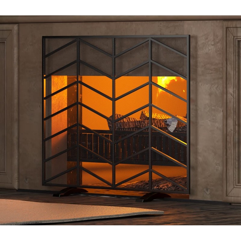 Fire Beauty Single Panel Handcrafted Wrought Iron Mesh Chevron Fireplace
