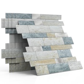 MOFIT Backsplash Tile for Kitchen Peel and Stick Stone Matte Finish,Bathroom Tiles Stickers 3D Wall Panel Linear Mosaic Marble Backsplash Waterproof(10sheets,Blue Green Gray)