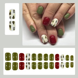 RIICFDD Christmas Press on Nails Short Square Fake Nails Red Green Acrylic False Nails Xmas Tree Stick on Nails Snowflake Glue on Nails Full Cover Glossy Acrylic Nails for Women Nail Art 24 Pcs