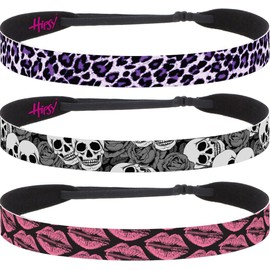 Hipsy 3-pack Women's 1980s Inspired 80s Decade 7/8" Wide Headbands Hairbands for Women Girls & Teens (Pink Zipper Lips/Grey Skulls/Purple Cheetah 3pk)